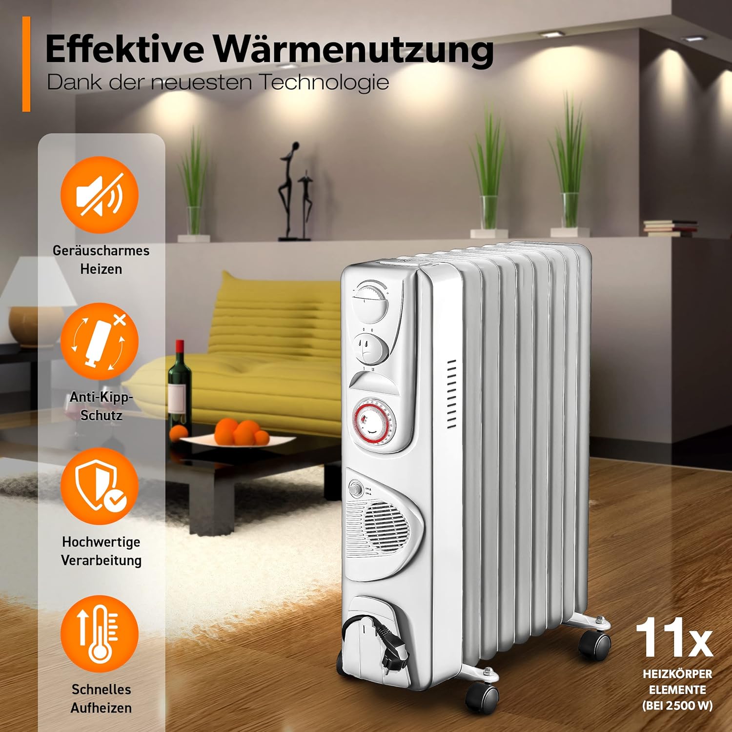 Olieradiator - 2500W Heater - Elektrische kachel - met Thermostaat - Wit - TRESKO®
