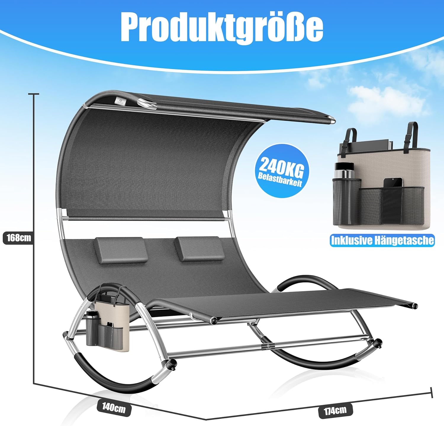 KESSER® Ligbed met zonnedak - Schommelstoel - Antraciet •