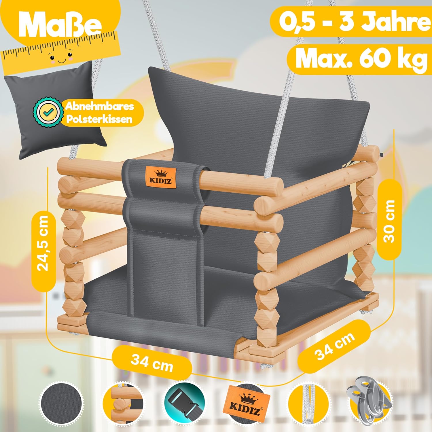 KIDIZ® Babyschommel - Kinderschommel - Baby Swing - Grijs •