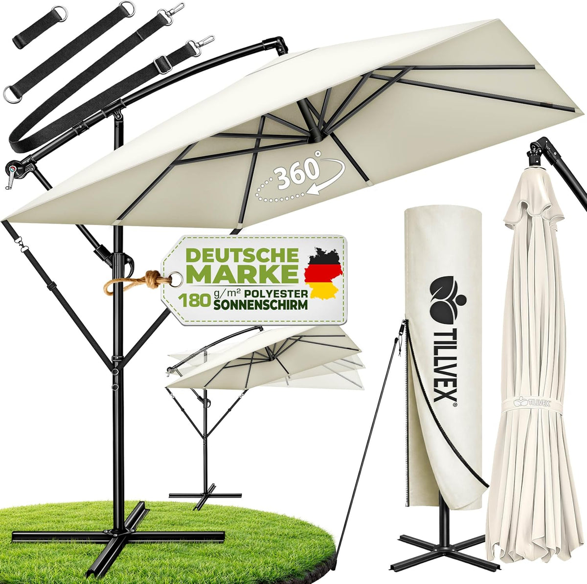 Zweefparasol - Tuinparasol - Parasol 235x235 cm - Met voet - Met Parasolhoes - Beige - Tillvex