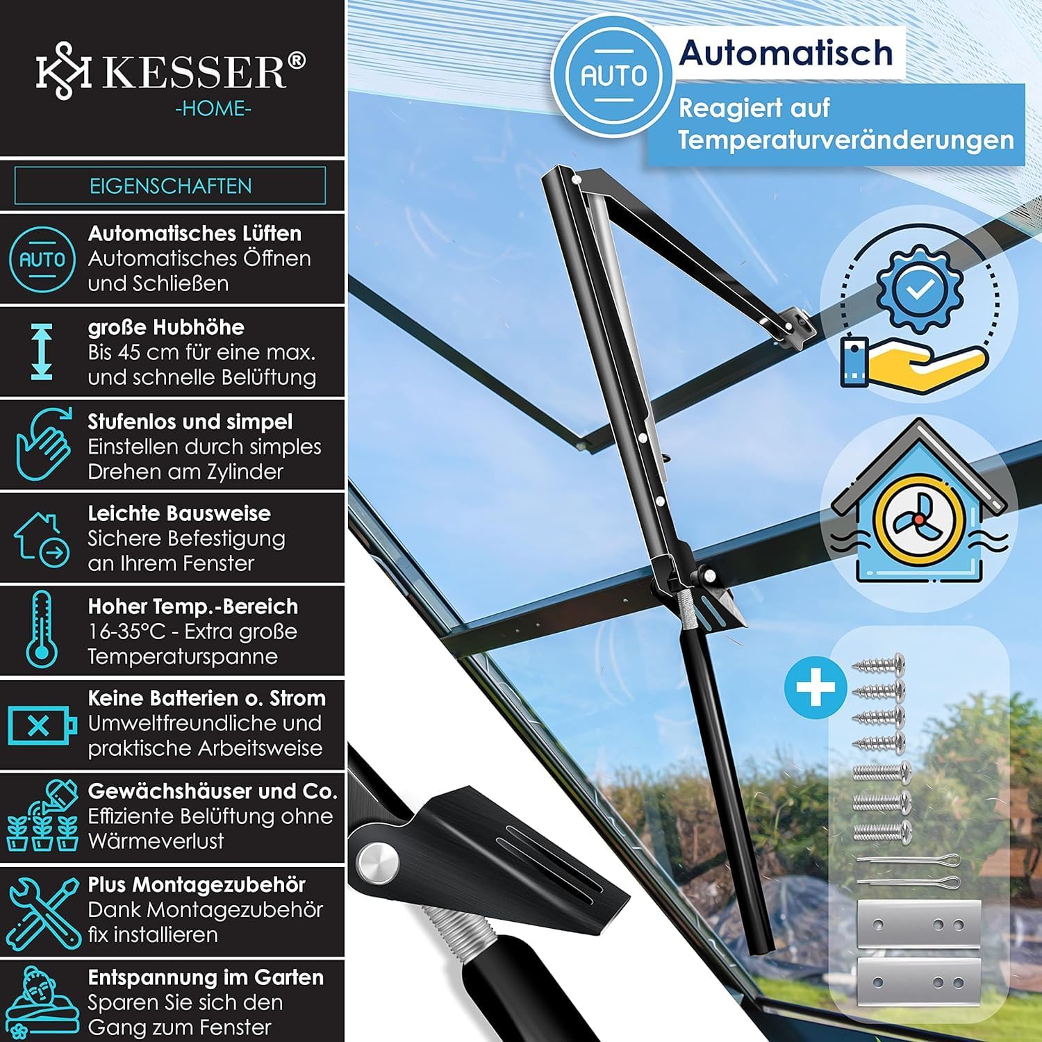 KESSER® Automatische raamopener voor broeikassen - 45 cm - Zwart