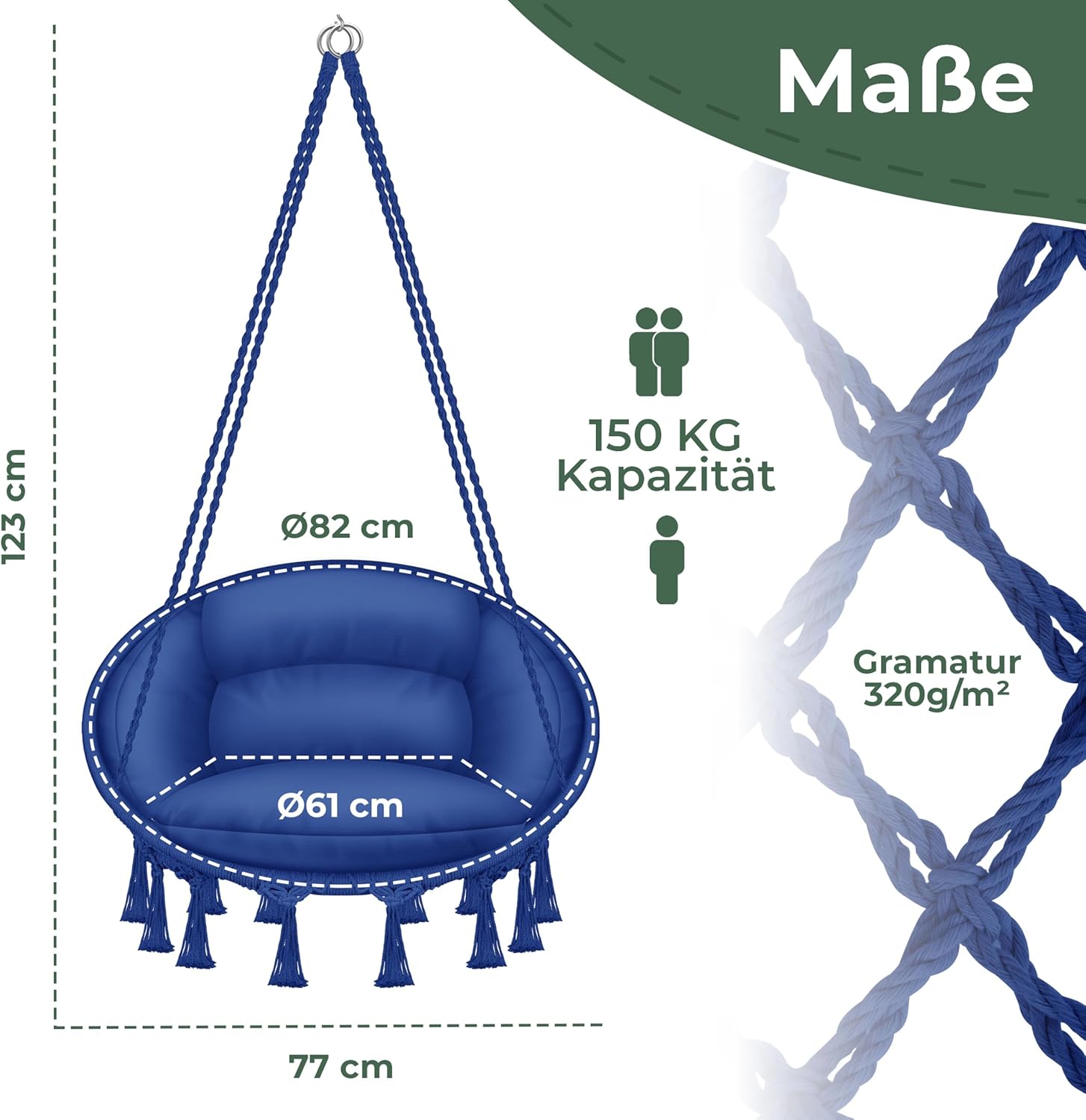 Hangstoel - Binnen & Buiten - Hangschommel - Tot 150kg - Blauw - KESSER®