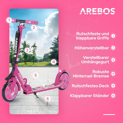 Arebos City Scooter, Hoogteverstelbaar | Opvouwbaar | Inclusief draagriem | XXL wielen | Kickrem | Voor kinderen en volwassenen | Draagvermogen tot 100 kg | Kickstep | Kickstep