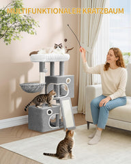 Hzuaneri MS10118LG Krabpaal, 98 cm kleine kattenboom, ruim en stabiel, met zacht groot platform, pluche ballen, holletjes, krabzuilen, kattenkrabplank, lichtgrijs