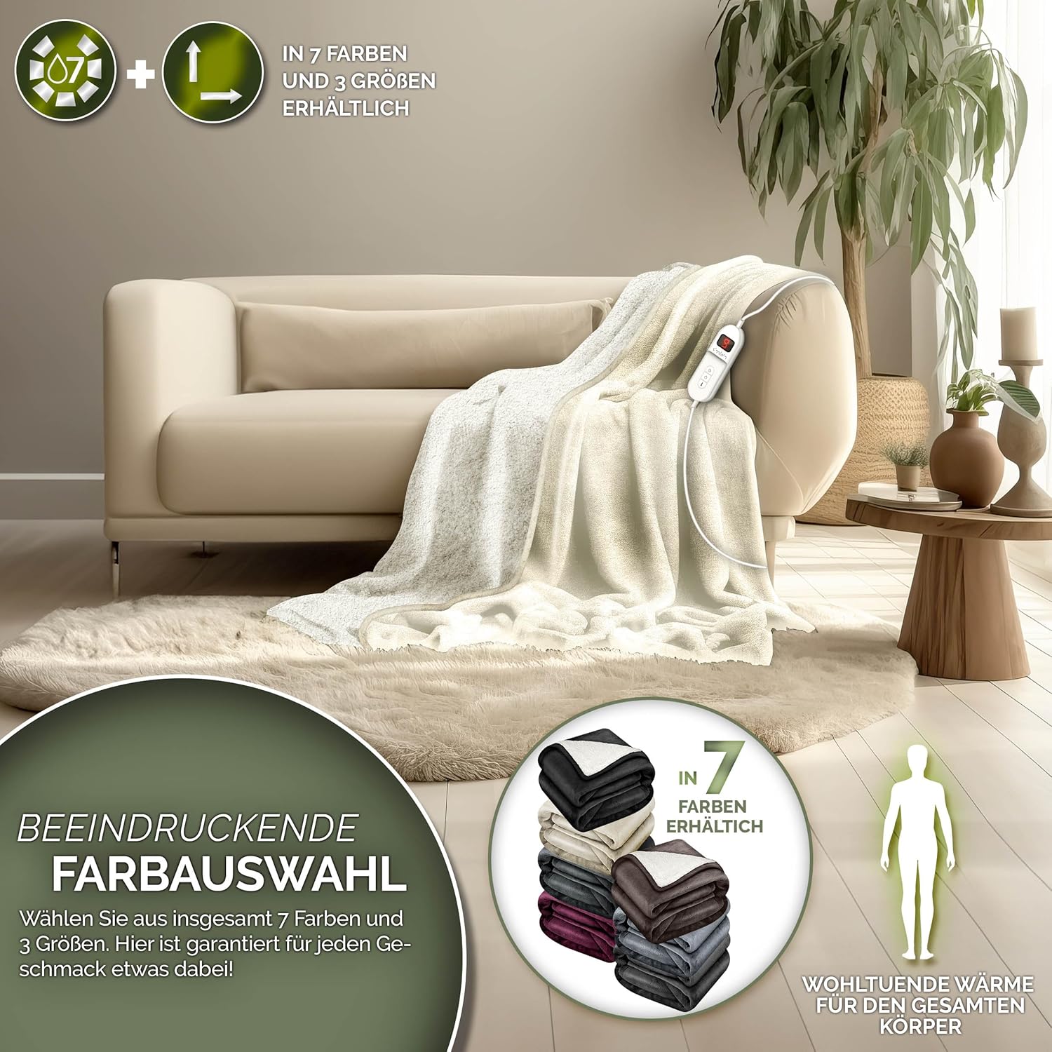 sinnlein® Elektrische deken met automatische uitschakeling, 180 x 130 cm, elektrische warmtedeken met 9 temperatuurniveaus, knuffeldeken, wasbaar, bed, bank, elektrische deken, beige