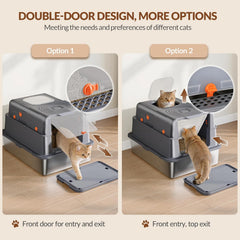 Roestvrijstalen kattenbak met deksel, XXXL gesloten metalen kattentoilet, 70 x 50 x 42 cm, 105° klapdeksel, inclusief pedaal en schep, gemakkelijk te reinigen, twee deuren, donkergrijs