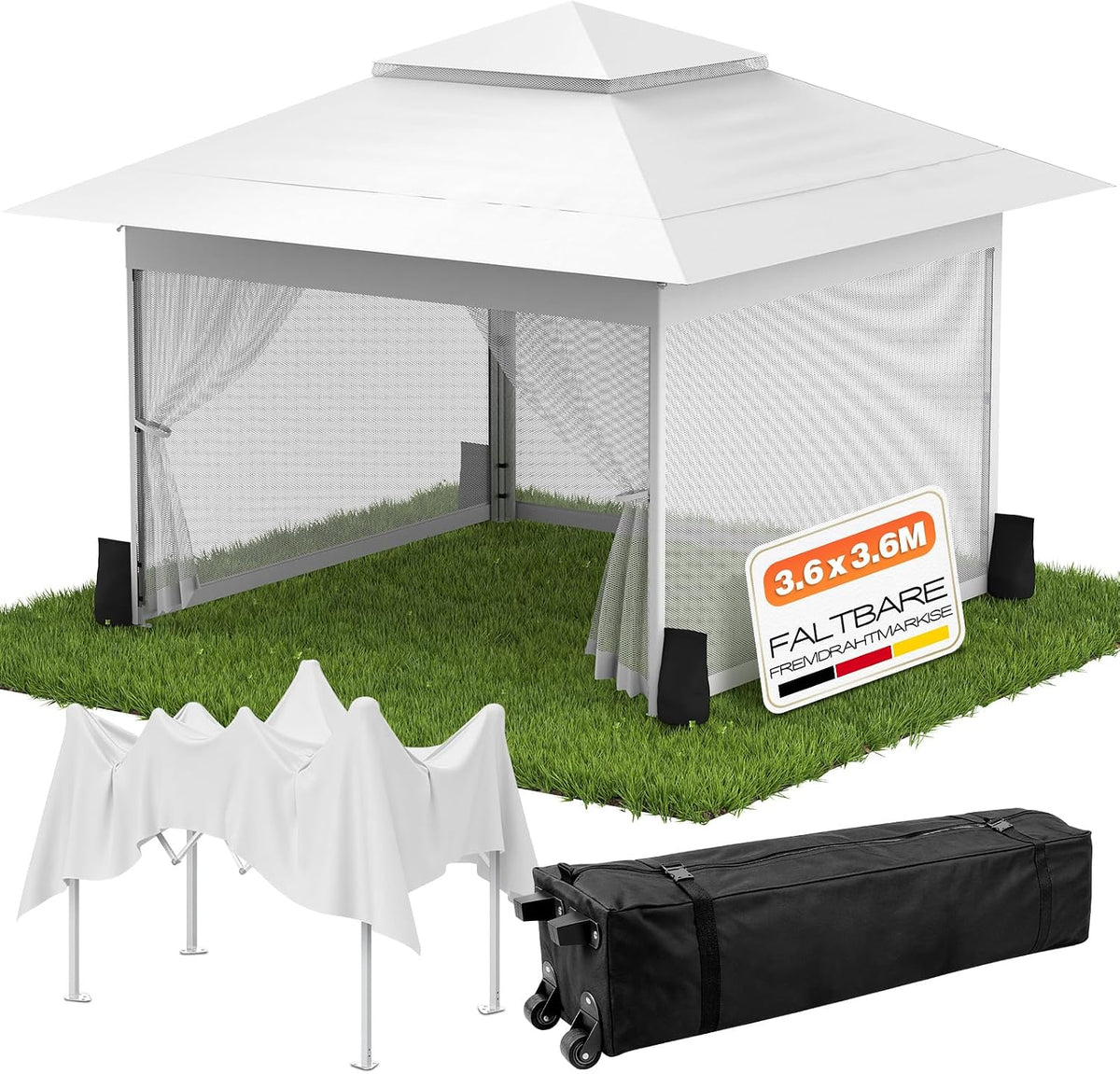 Huracan Paviljoen, 3,6 x 3,6 m, waterdicht, stabiel, winterbestendig, partytent, pop-up vouwpaviljoen, tuin, met muggennet, zijpanelen en zandzakken, in hoogte verstelbaar, tuinpaviljoen, dubbel dak