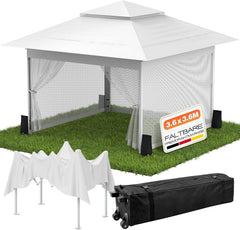 Huracan Paviljoen, 3,6 x 3,6 m, waterdicht, stabiel, winterbestendig, partytent, pop-up vouwpaviljoen, tuin, met muggennet, zijpanelen en zandzakken, in hoogte verstelbaar, tuinpaviljoen, dubbel dak