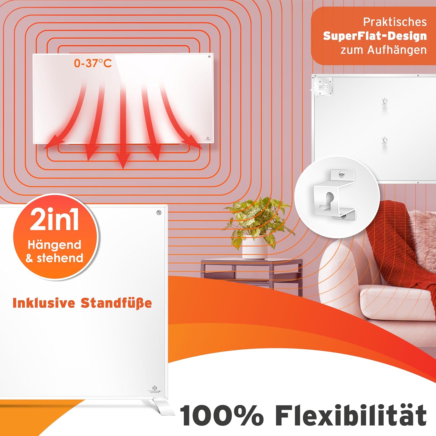 KESSER® Infraroodverwarming, energiebesparend, infrarood staand apparaat en wandmontage, elektrische verwarming, 700 W, met afstandsbediening, thermostaat en app-bediening, elektrisch