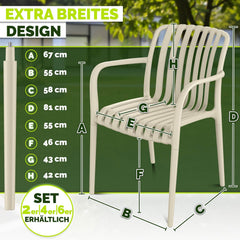 tillvex® Tuinstoelen, set van 2, stapelbaar, weerbestendig, met armleuning, tot 120 kg belastbaar, tuinstoelen, outdoor, terrasstoel, tuinmeubelen, balkon, tuin, terras, beige
