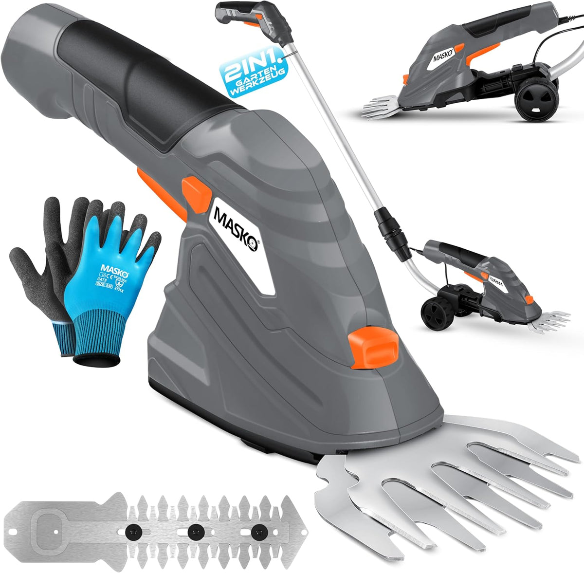 MASKO® Grasschaar struikschaar set met accu 7,2 V 2000 mA/h elektrische tuin heggenschaar gazon schaar incl. oplader, handschoenen grasmes, struikmes & steel telescoopstang 90-130 cm met wielen •