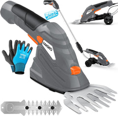 MASKO® Grasschaar struikschaar set met accu 7,2 V 2000 mA/h elektrische tuin heggenschaar gazon schaar incl. oplader, handschoenen grasmes, struikmes & steel telescoopstang 90-130 cm met wielen •