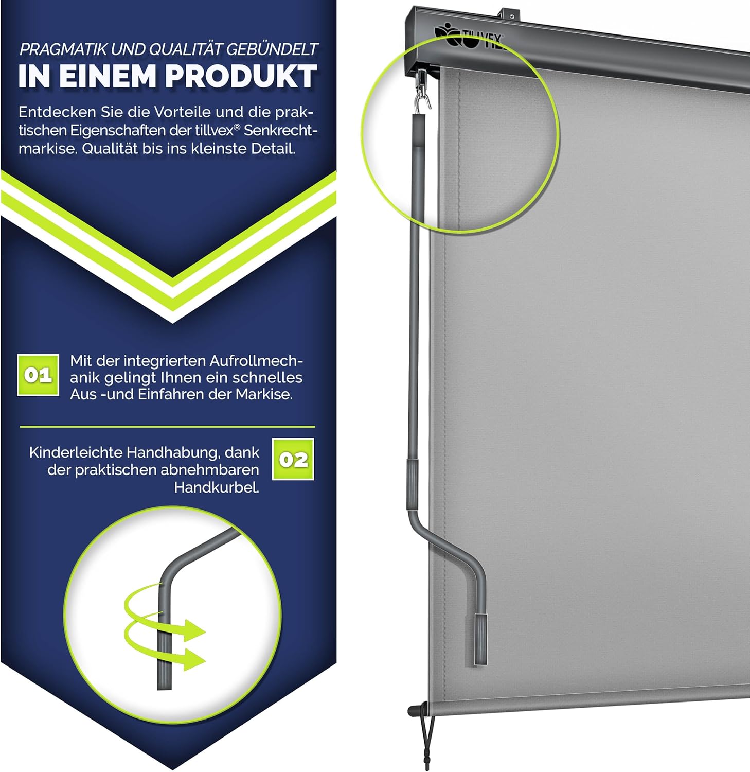 tillvex® Verticale zonwering, 200 x 250 cm, voor buiten en binnen, buitenrolgordijn, waterdicht, met handslinger, voor balkon, terras en tuin, balkonrolgordijn, zonwering van aluminium, rolgordijn met