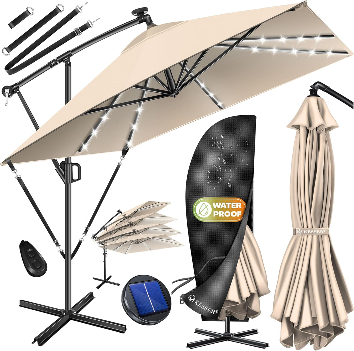 KESSER® Parasol 250 x 250 cm met ledverlichting, parasol voor balkon, tuin, zonwering, frame en standaard van aluminium, uv-bescherming, waterdicht en windbestendig, beige, met LED