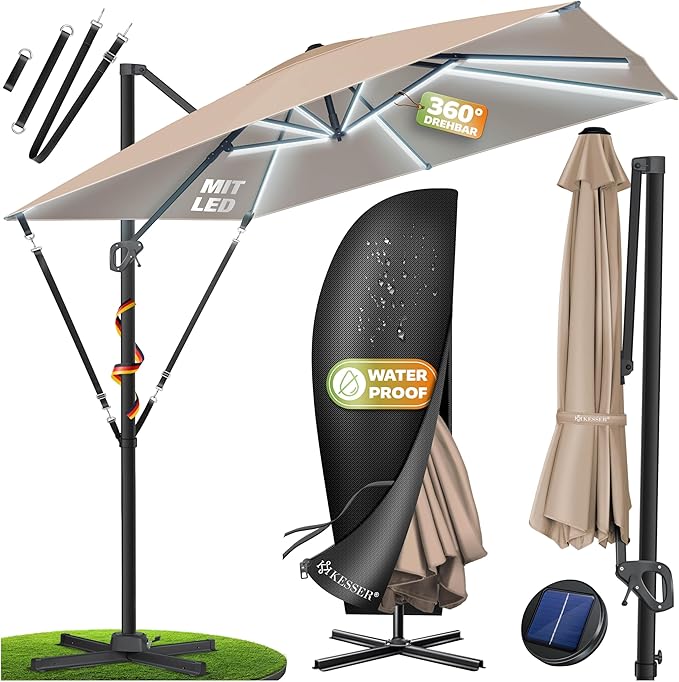 KESSER® Parasol, zweefparasol, SUN XL, 300 x 300 cm incl. afdekking +windscherm, draaibaar, kantelbaar, kantelbaar, marktscherm, groot, 360° rotatie, tuinscherm met zwengel, zonbescherming UV50+,