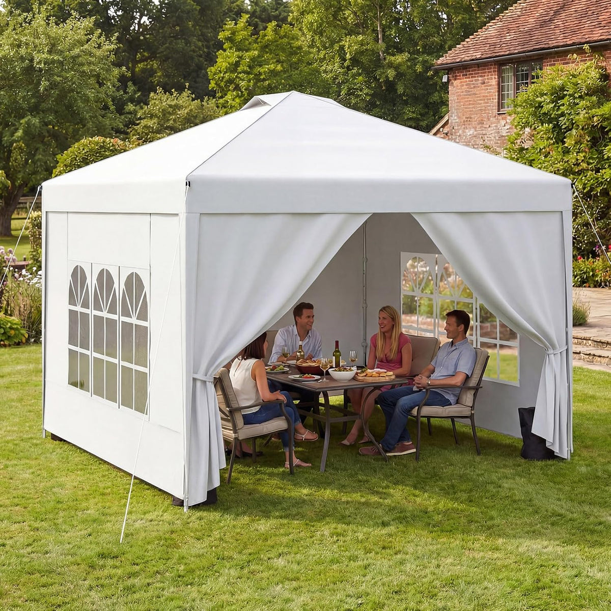 Verdego Paviljoen met zijwanden, 3 x 3 m, vouwpaviljoen, uv-bescherming 50+, paviljoen met draagtas, waterdicht, winterbestendig, in hoogte verstelbaar, partytent voor tuin, camping, wit