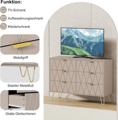 UEV Commode met 6 schuifladen 100x34x73cm opbergkast voor kleding documenten speelgoed veel opbergruimte sideboard smal voor woonkamer slaapkamer kantelbeveiliging eenvoudige montage (moka) | für Kleidung Dokumente Spielzeug, modernes Sideboard schmal mit