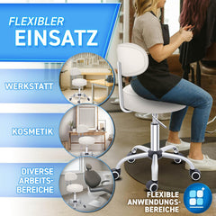 Zadelkruk - Kruk op wielen - Rolkruk - Draaikruk - Met rugleuning - Wit - TRESKO