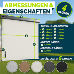 tillvex® Verticale zonwering, 200 x 250 cm, voor buiten en binnen, buitenrolgordijn, waterdicht, met handslinger, voor balkon, terras en tuin, balkonrolgordijn, zonwering van aluminium, rolgordijn met, beige