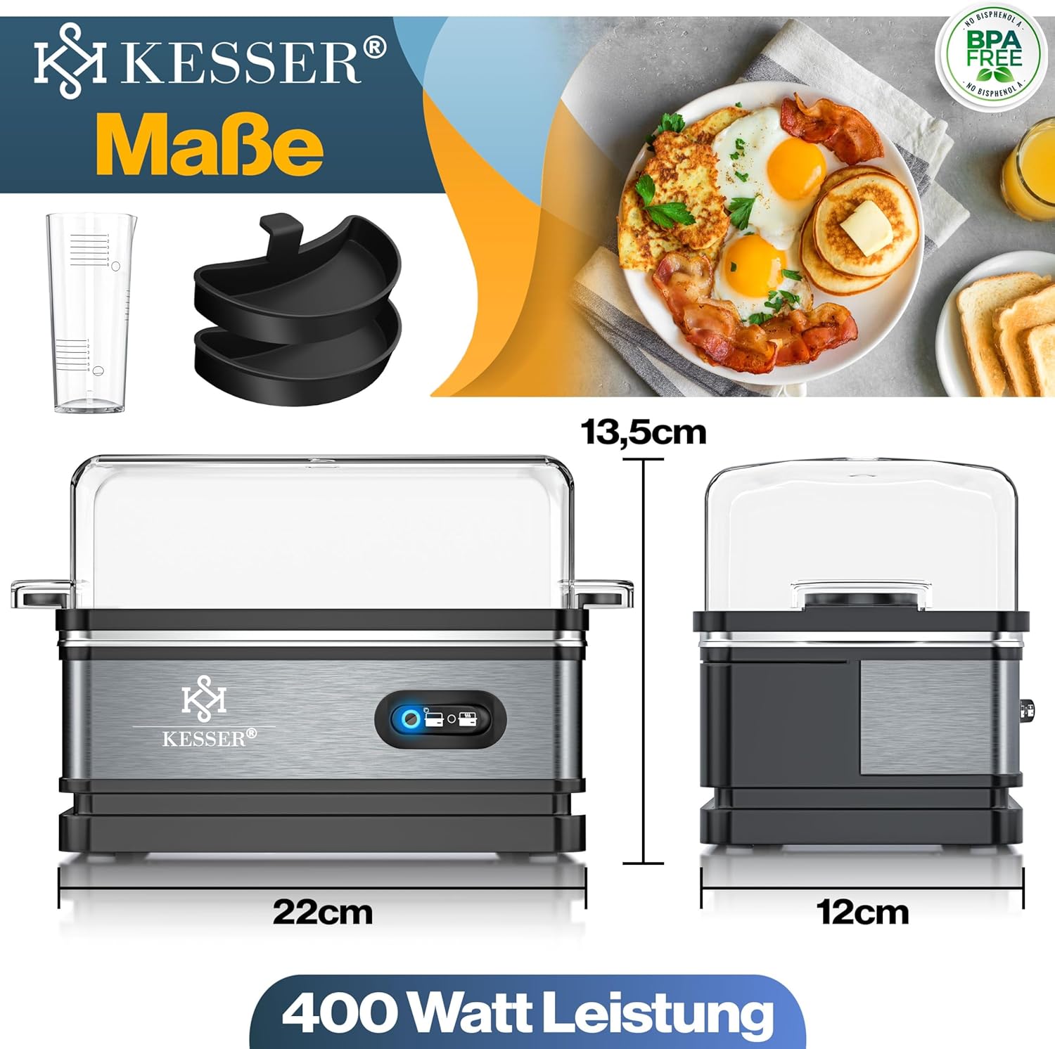 KESSER® Eierkoker voor 1 tot 6 eieren, elektrisch van roestvrij staal, 400 W met warmhoudfunctie, tuimelfunctie, drie hardheidsgraden, BPA-vrij en vaatwasmachinebestendig, maatbeker en 2 x