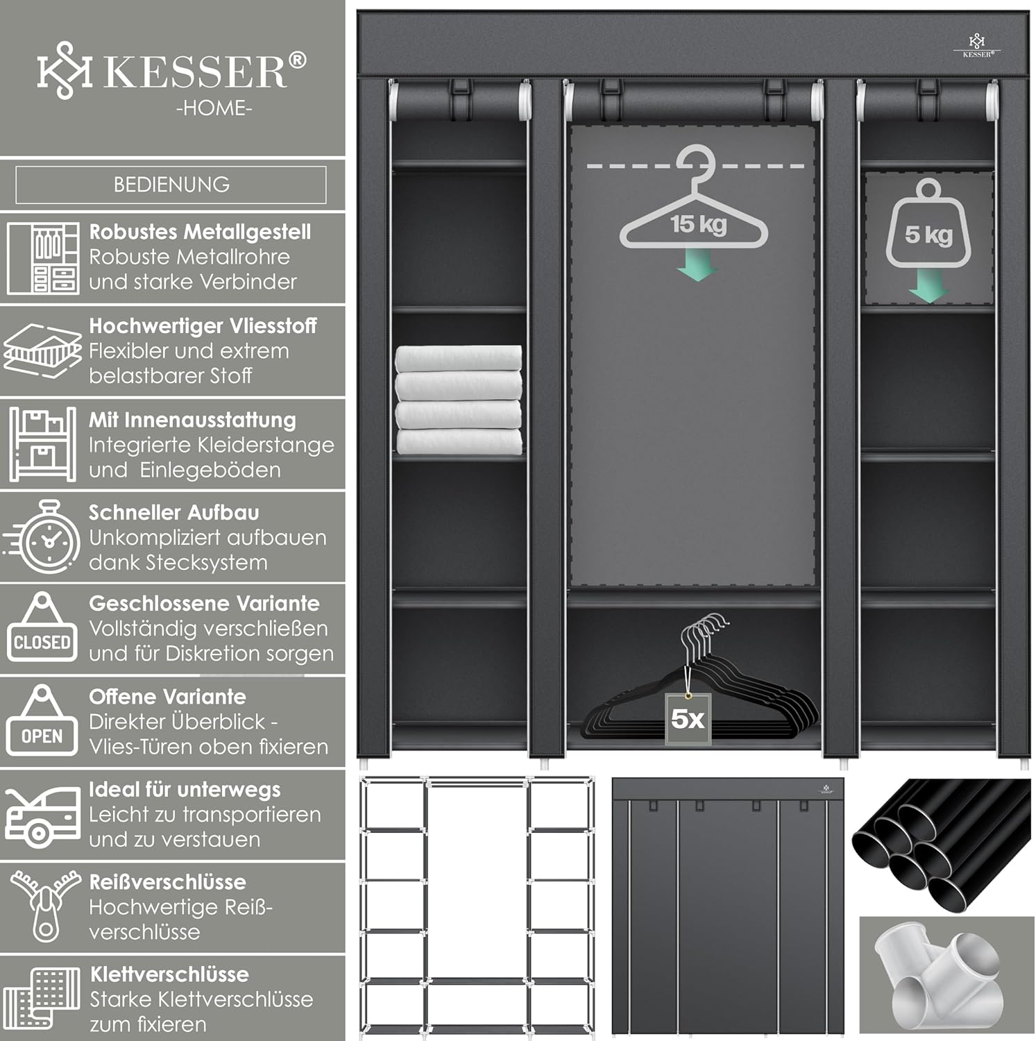KESSER® Kledingkast stoffen kast stabiel met kledingstang en planken, incl. 5 x kleerhangers, stoffen vouwkast voor slaapkamer, kleedkamer garderobe met kledingrek 150x45x175cm antraciet