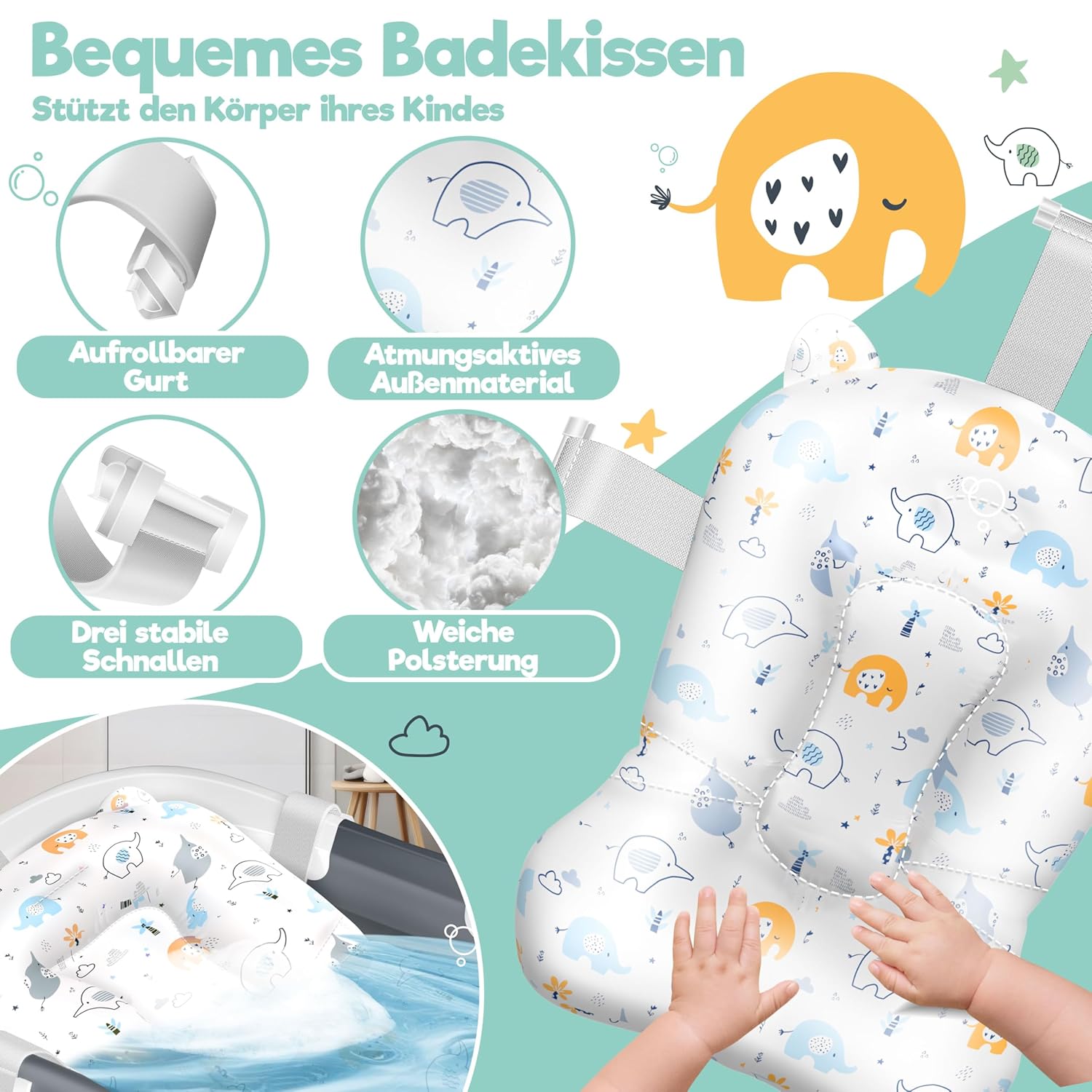 KIDIZ® Babybadje, ruimtebesparend en opvouwbaar, badje, douchebak voor pasgeborenen en peuters, 0-24 maanden, reisdouche, draagbaar, voor baby's, ergonomisch met thermostaat en kussen