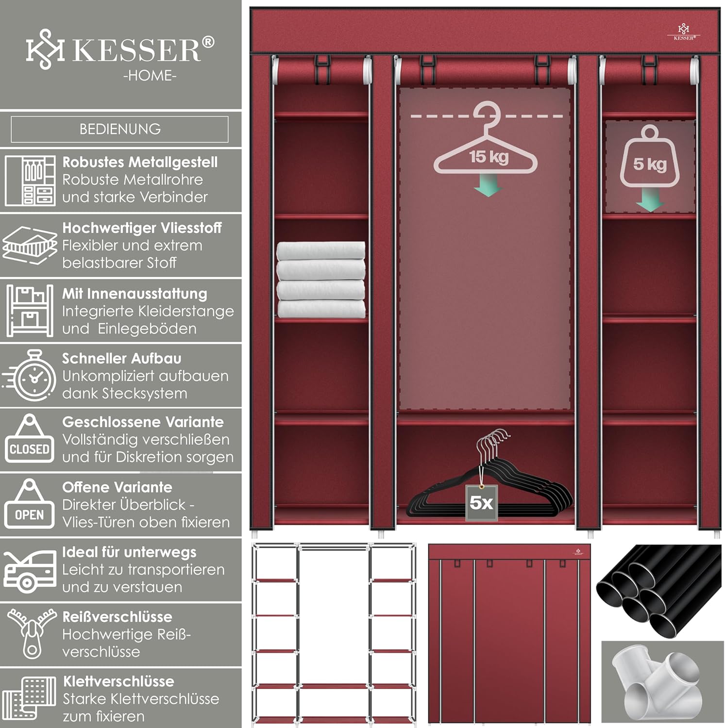 KESSER® Kledingkast stoffen kast stabiel met kledingstang en planken, incl. 5x kleerhangers, stoffen vouwkast voor slaapkamer, kleedkamer garderobe met kledingrek 150x45x175cm Bordeaux rood