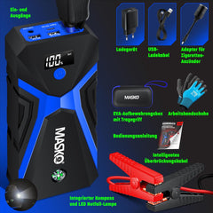 MASKO® Starthulp powerbank auto 3000A piekstroom 24000mAh (tot 8,0L benzine of 8L diesel) met LED-zaklamp, voor 12V-voertuigen batterij starter SUV motorfiets ATV grasmaaier, incl. handschoenen