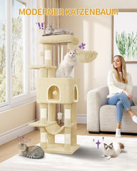 Hzuaneri MS14918YL Krabpaal, 149 cm kattenboom, kattenkrabpaal met 5 krabzuilen, grote platforms, verstophol, meerlaags kattenactiviteitscentrum, pompons, beige
