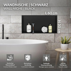 Inbouwnis badkamer - Wandnis - 60x30x10 cm - Zwart - LuxeBath