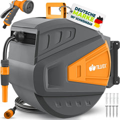 tillvex Slanghaspel water met wandhouder + draaggreep, slanghaspel met handdouche en tuinslang, 180 graden draaibaar, wandslangbox met automatisch oprolmechanisme (antraciet/oranje, 35 m)