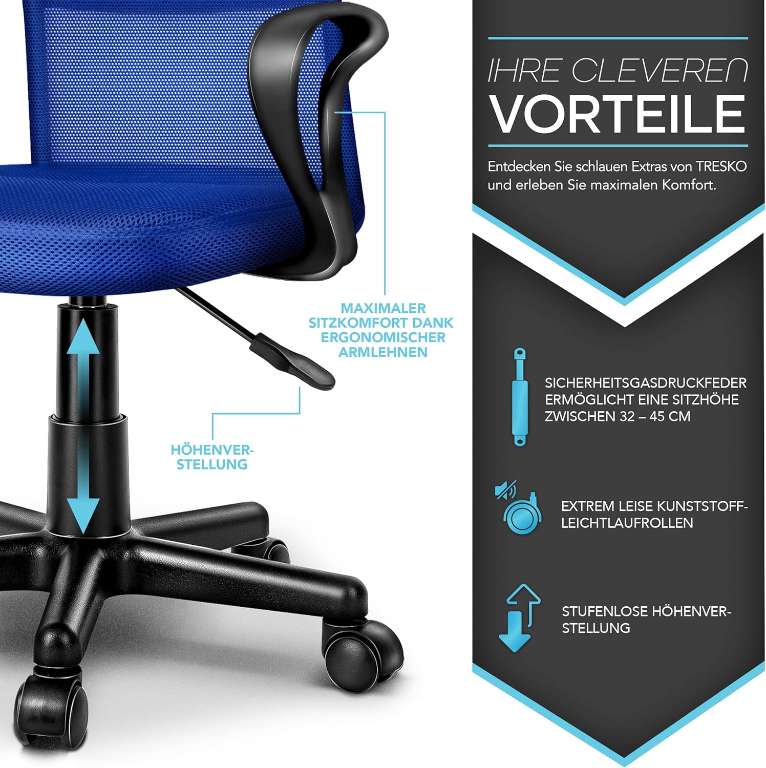TRESKO Ergonomische Bureaustoel - Verstelbaar - Blauw