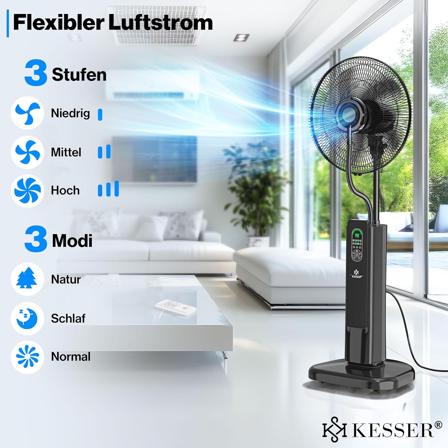 KESSER® Ventilator staand - Statiefventilator - Mist Ventilator - Zwart