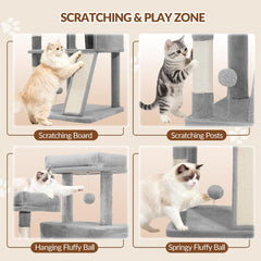 Krabpaal 178 cm, grote kattenboom, krabpaal voor grote katten, stabiel met krabzuilen, krabplank, 2 comfortabele kattenholtes, 2 bovenplatforms, zijrustplatform, pompons, lichtgrijs