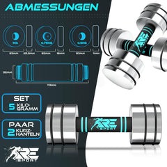 RE:SPORT® 2-delige halterset van massief staal, 2x5kg, korte halter met gewichten en schuimrubberen handgreep, fitness-halters voor thuis, krachttraining en spieropbouw