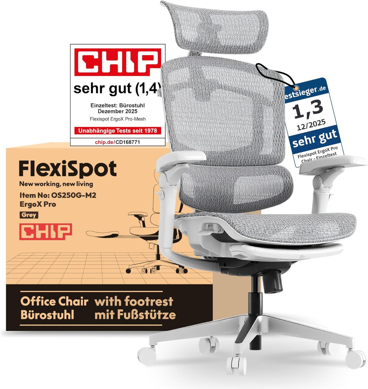 Ergonomische Bureaustoel -  Office Chair - Gamestoel - Volwassenen - Grijs - met voetsteun - OS250G-M2 - FLEXISPOT