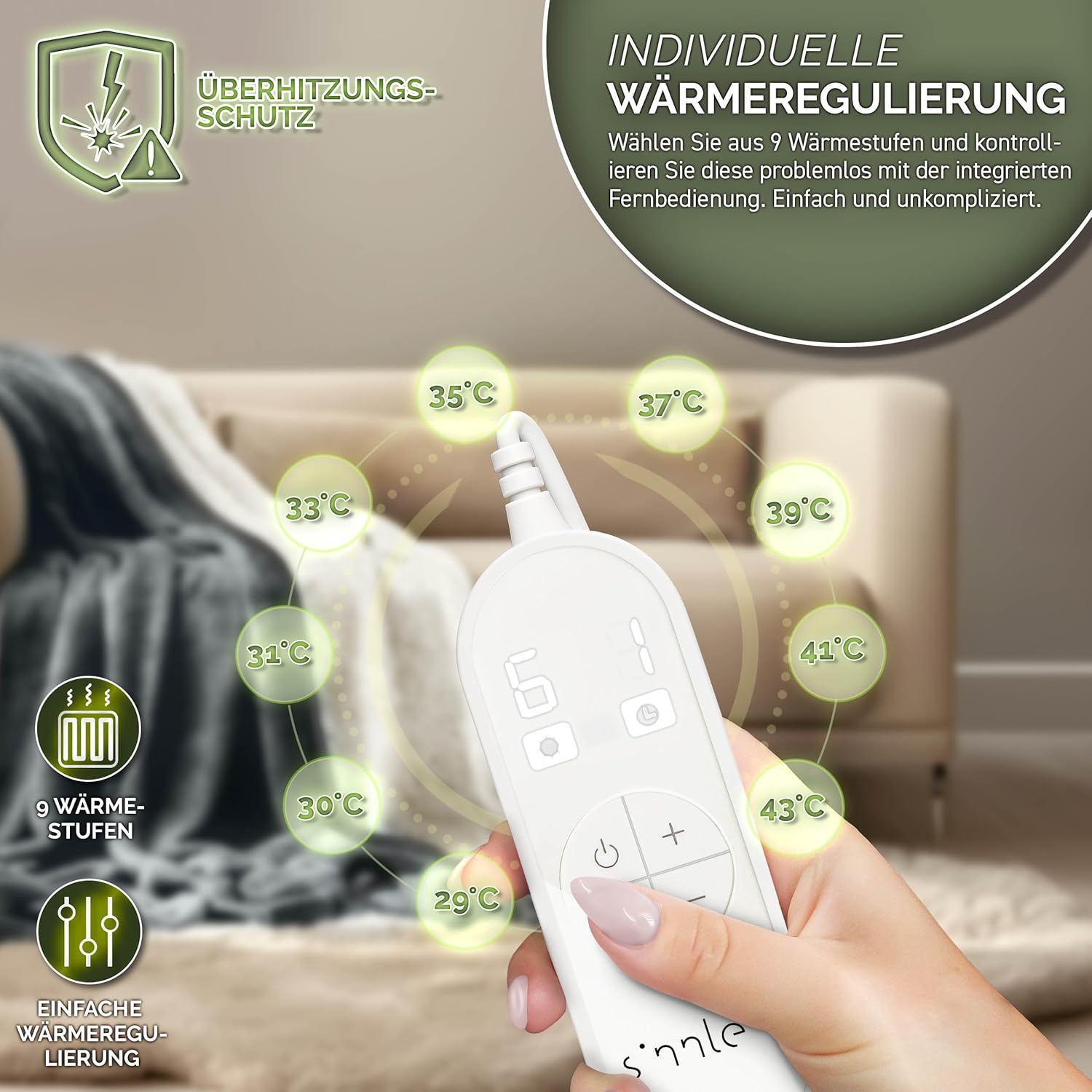 sinnlein® Elektrische deken met automatische uitschakeling, 200 x 180 cm, elektrische warmtedeken met 9 temperatuurniveaus, knuffeldeken, wasbaar, bed, bank, elektrische deken, met