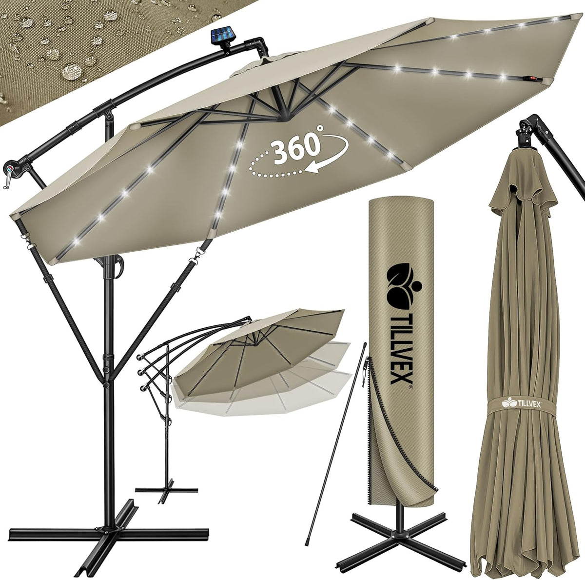 Tillvex® LED Parasol - Zweefparasol - Ø300cm - 360° Draaibaar - Bruin