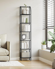 Hzuaneri Plank, boekenkast, 6 niveaus staand rek, dvd-plank, smalle planken, industriële stijl kantoorplank, metalen frame voor woonkamer, slaapkamer, keuken, zwart BC56004B
