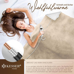 KESSER® Elektrische deken met automatische uitschakeling, 200 x 180 cm, dubbelzijdig elektrische warmtedeken, knuffeldeken, bed, bank, 9 temperatuurniveaus, wasbaar tot 40 °C, met timer, digitaal