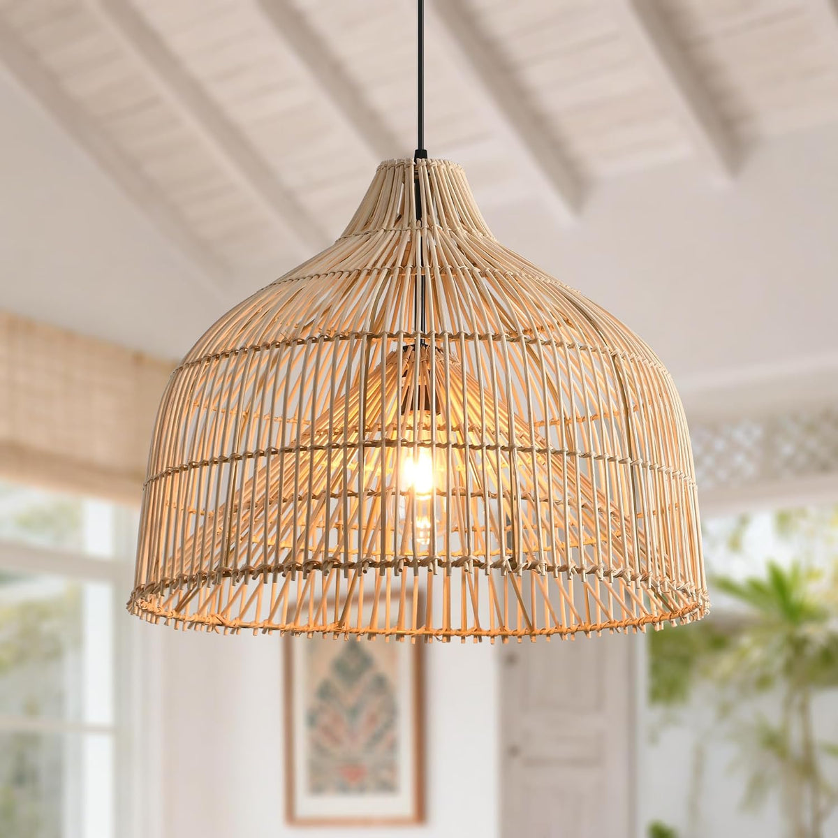 Hanglamp Parrot Uncle Rattan, 50 cm natuurlijke bamboe lampenkap, mandvormige hanglamp, in hoogte verstelbaar, E27 fitting voor eetkamer, woonkamer, slaapkamer, hal (lamp niet inbegrepen) [Energieklasse A]