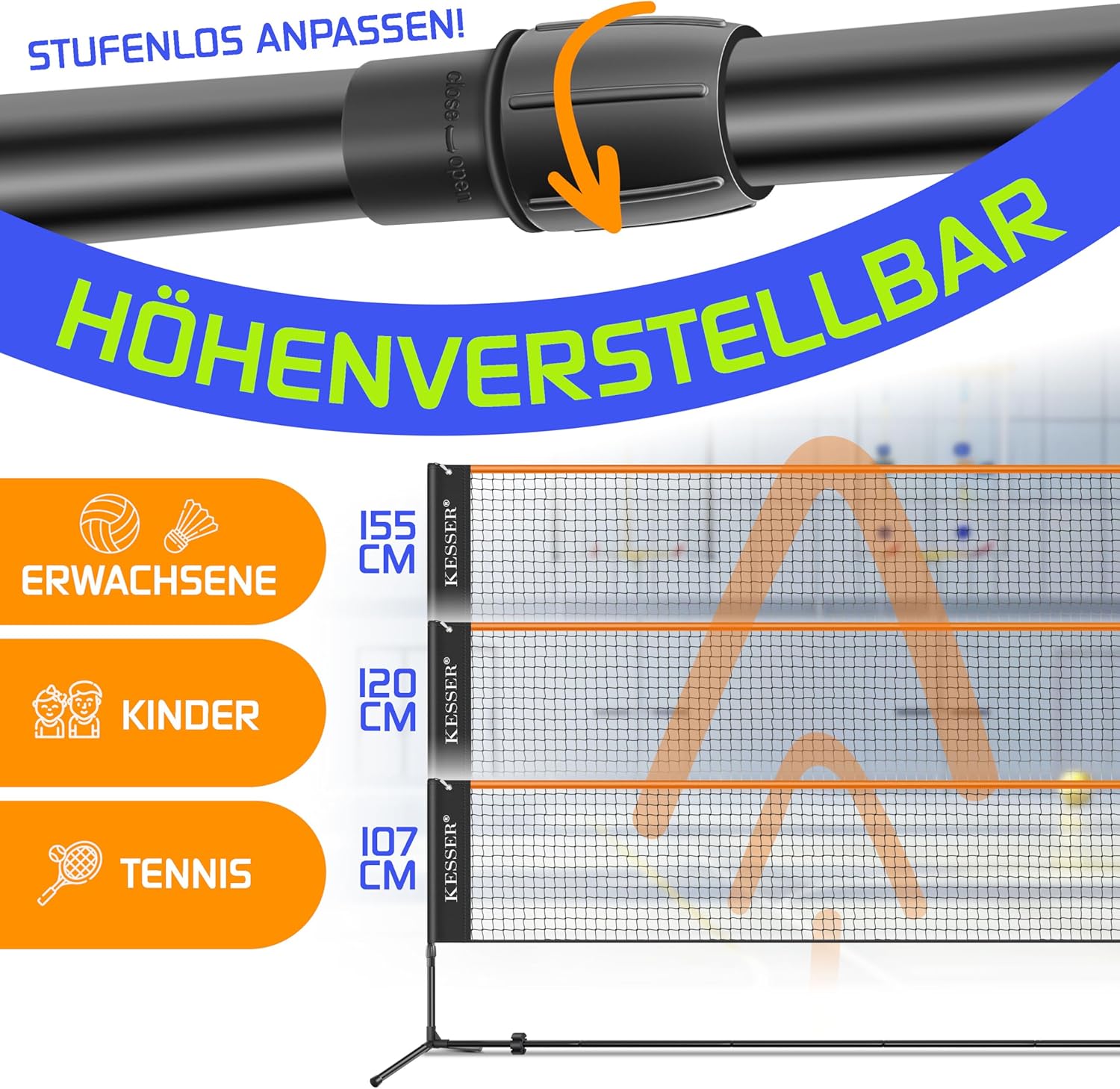 KESSER® Badmintonnet - Tennisnet - Volleybalnet - Verstelbaar - 300CM