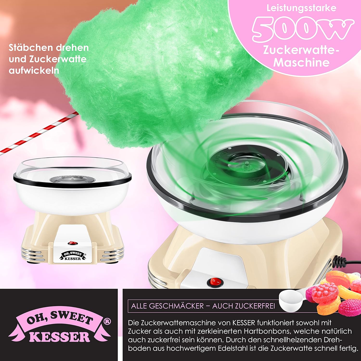 KESSER® Suikerspinmachine set voor je huis, met 30 x suikerspinstaafjes en maatlepels, retro katoenen snoepmachine, suikerspinmachine met accessoires, hoogte 22 cm, 500 W, crèmewit