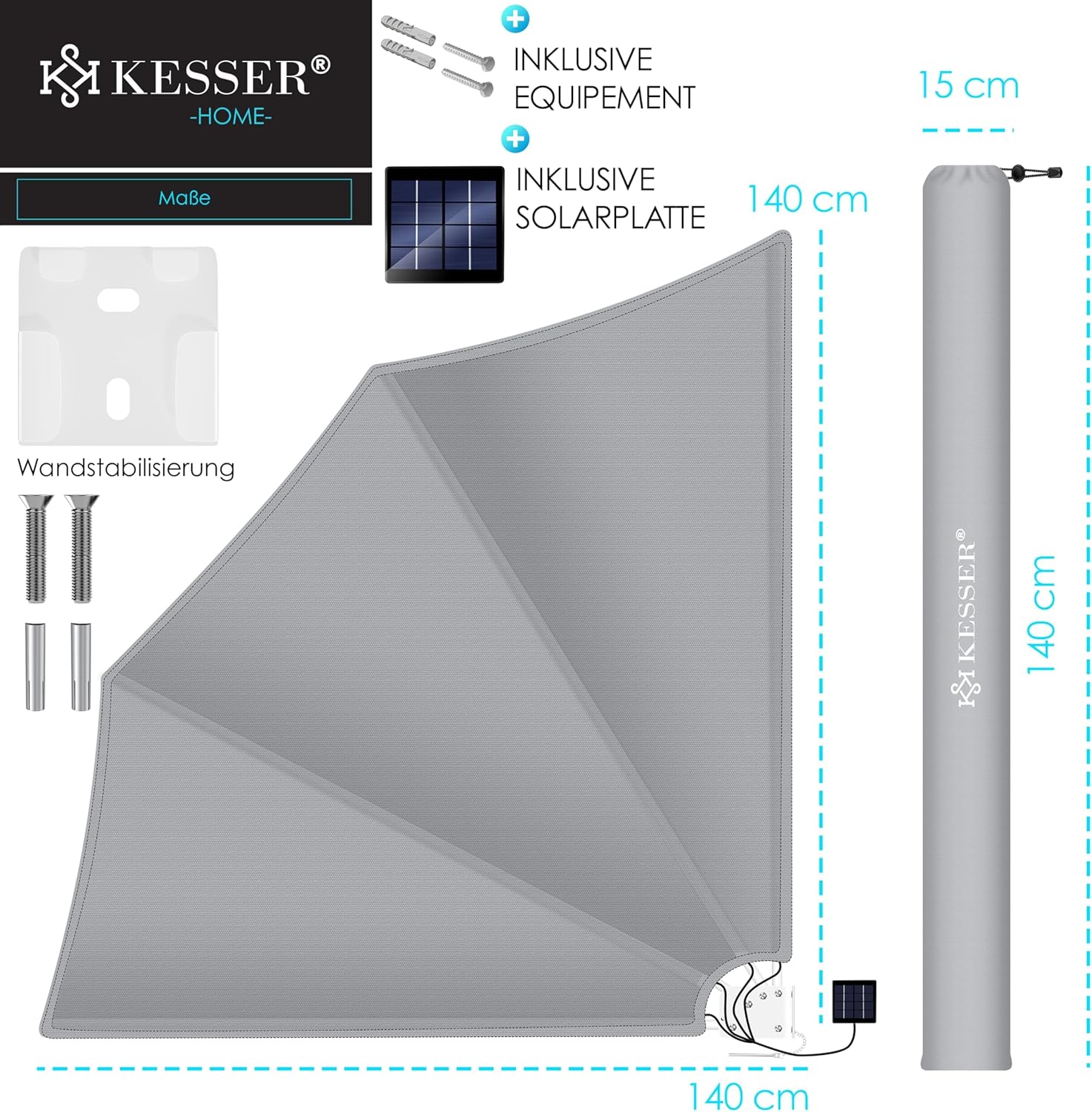 KESSER® opvouwbaar balkonscherm - LED - 140x140cm - Lichtgrijs