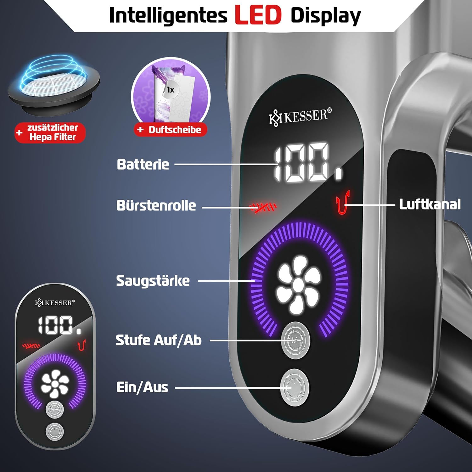 KESSER® Accustofzuiger draadloos tot 60 min. looptijd & stil | accustofzuiger met led-display, stofzuiger zonder zak, met anti-klit-vloerborstel voor harde vloeren, tapijt + geurschijf, HEPA-filter