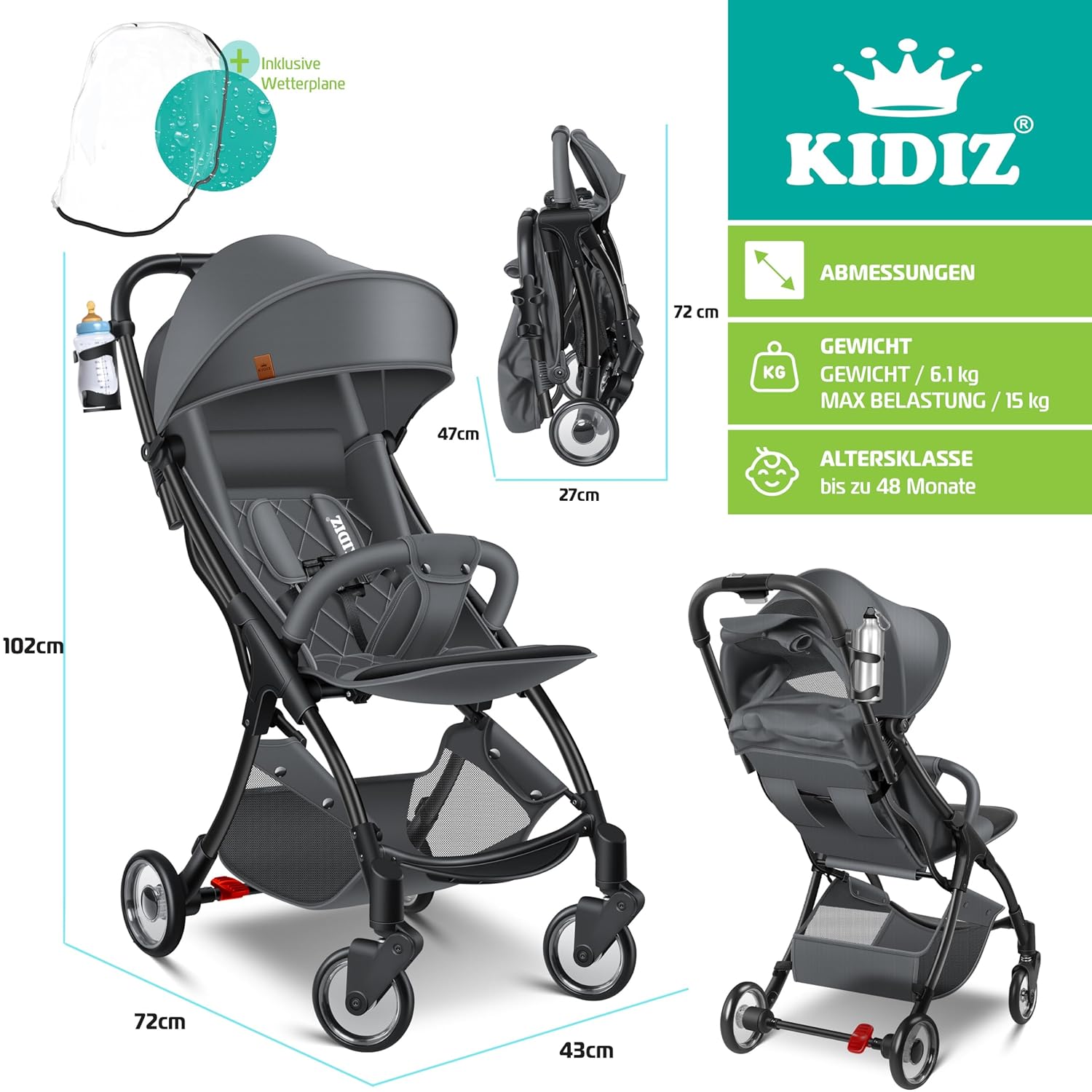 KIDIZ® Kinderwagen - Wandelwagen - Kinderbuggy - Antraciet