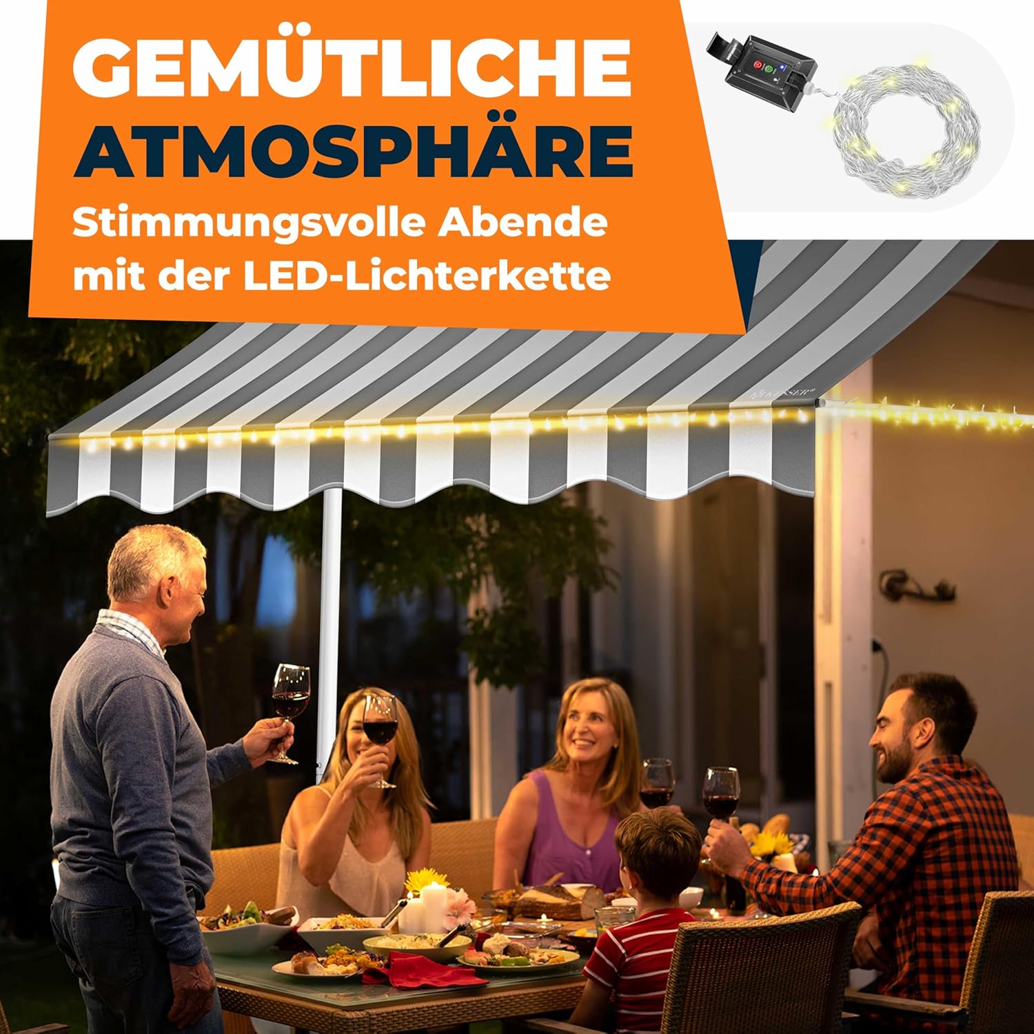 KESSER® Klemluifel met handslinger en led-lichtsnoer, balkonluifel zonder boren, luifel uv-bestendig, in hoogte verstelbaar en waterafstotend, zonwering voor balkon, terras en tuin, 400 cm