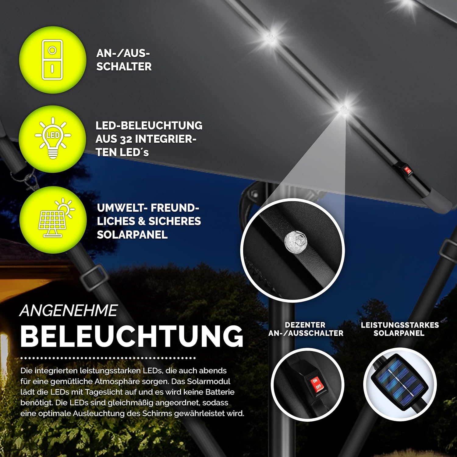 Tillvex® LED Parasol - Zweefparasol - Ø300cm - 360° Draaibaar - Antraciet •