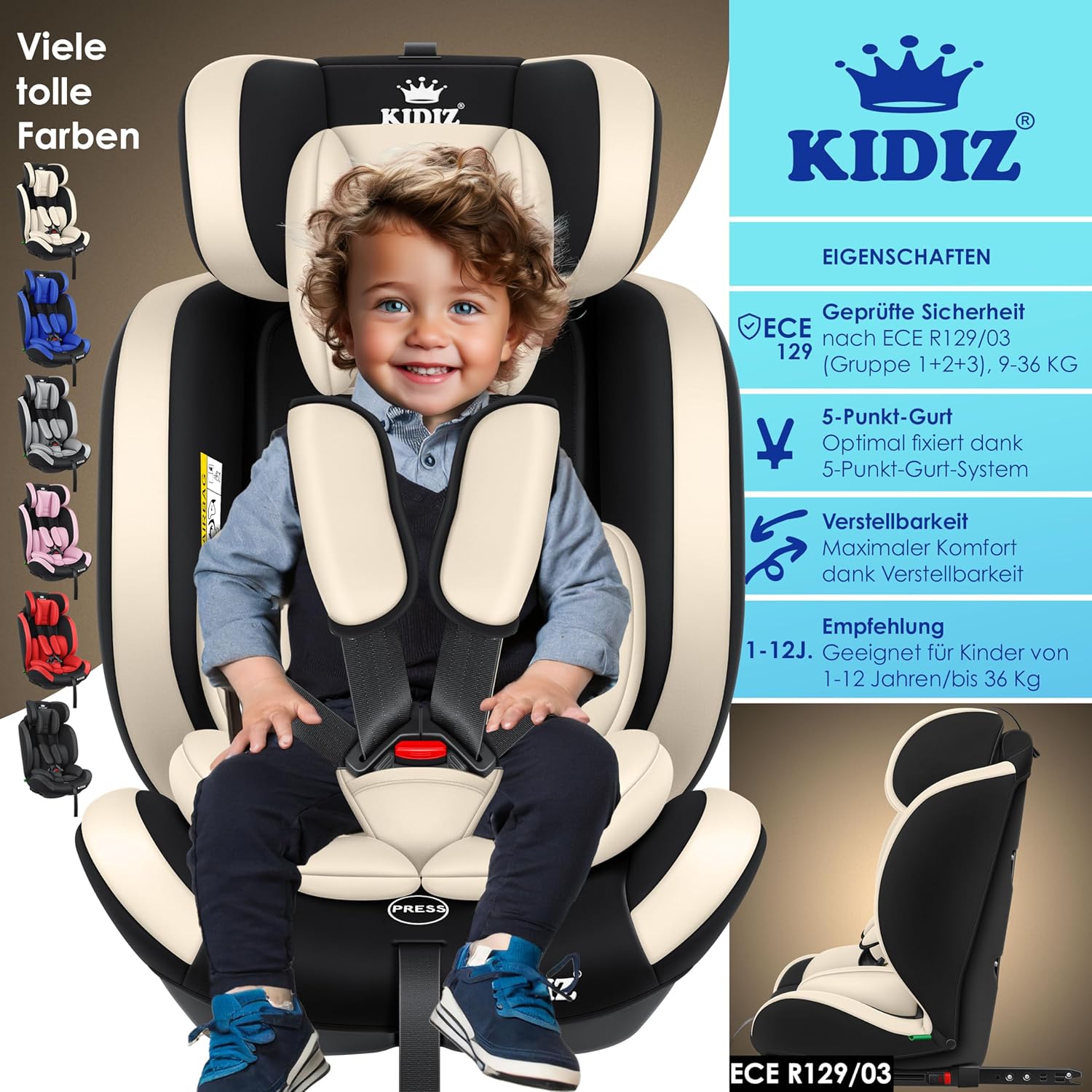 KIDIZ® Autostoeltje - 5-punts veiligheidsgordel - Beige