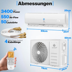 KESSER® Split Airconditionerset Quick Connect – WiFi & App Airconditioner met verwarmings- en koelfunctie, wandmodel met koperen leidingen, 12000 BTU, 3,4 kW, koelmiddel R32, inclusief montagemateriaal